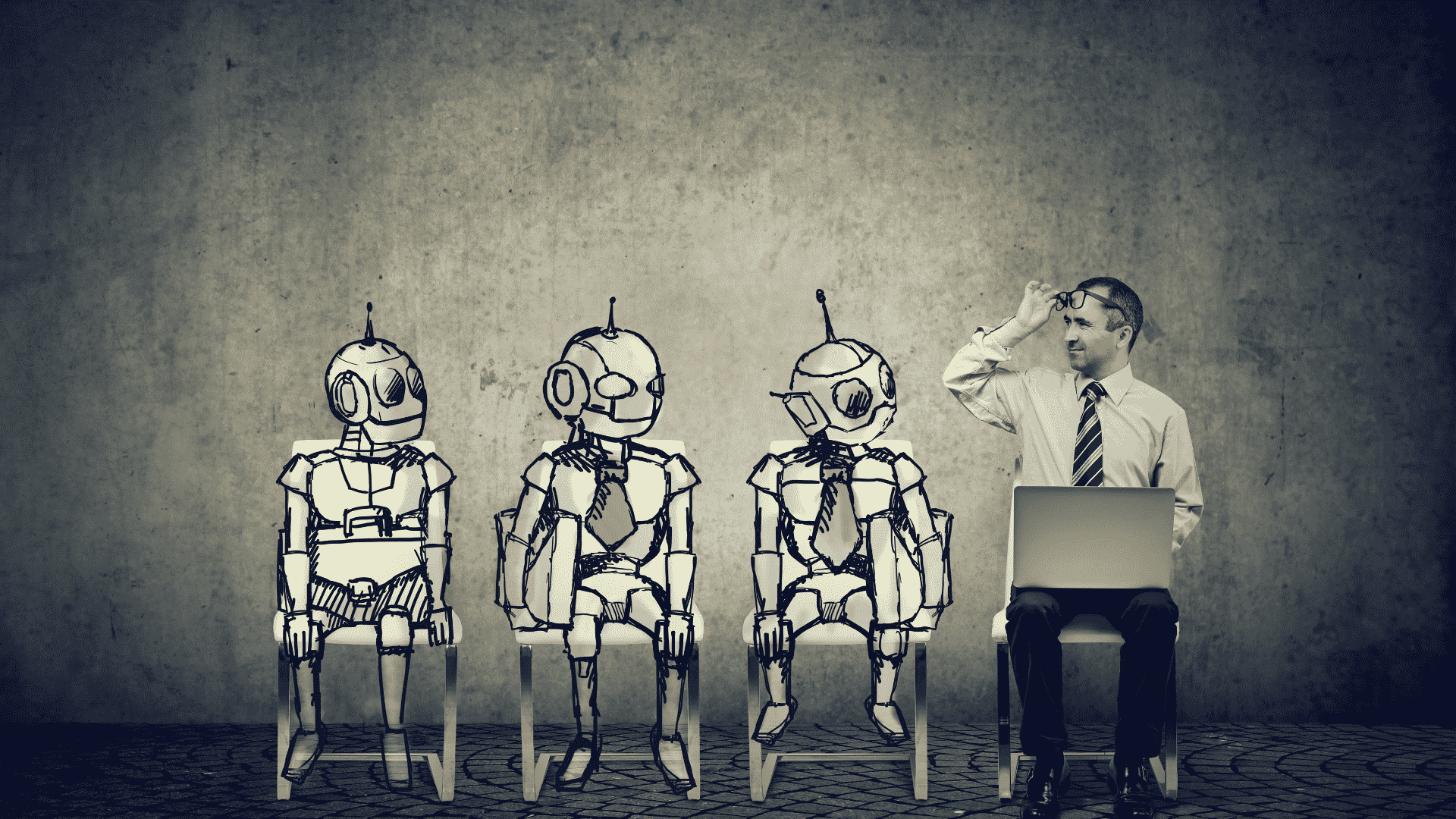 Imagem ilustrativa de um humano olhando para robôs