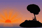 Ilustração de uma moça em uma ilha vendo o pôr do sol enquanto está sob uma árvore em que no seu topo há a representação de um cérebro