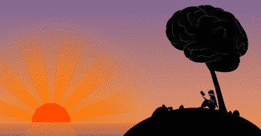 Ilustração de uma moça em uma ilha vendo o pôr do sol enquanto está sob uma árvore em que no seu topo há a representação de um cérebro