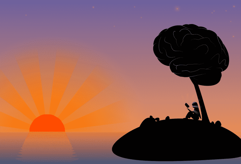 Ilustração de uma moça em uma ilha vendo o pôr do sol enquanto está sob uma árvore em que no seu topo há a representação de um cérebro