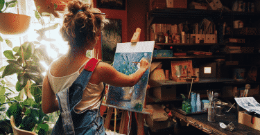 Mulher pintando quadro em sua casa