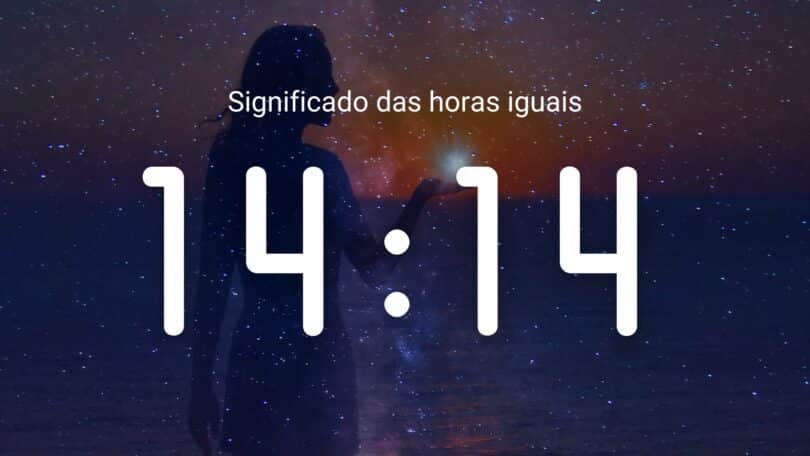 Horas iguais 14:14 em um fundo de galáxia.