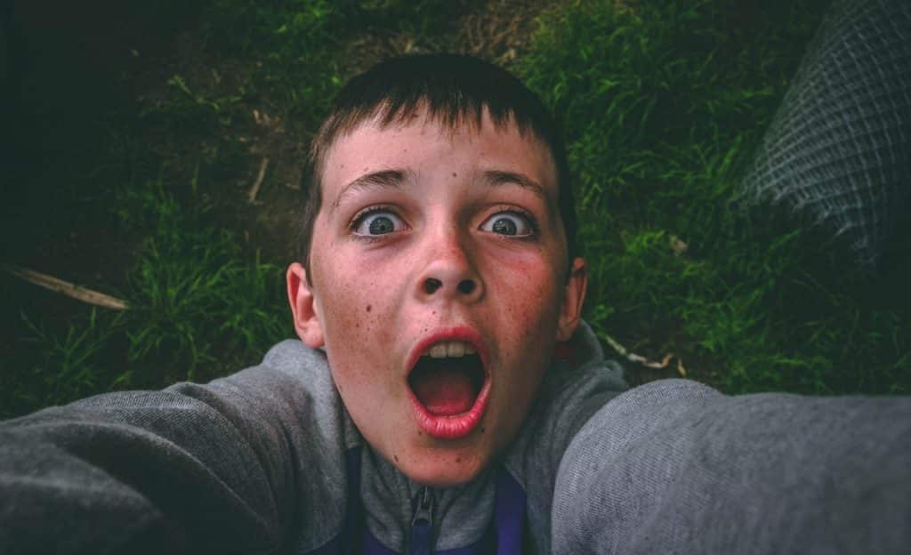 Menino tira selfie: ele está boquiaberto e com os olhos arregalados. Ao fundo, há um gramado.