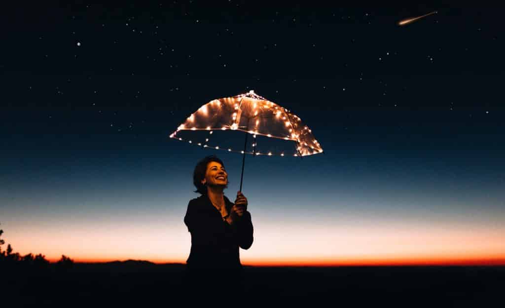 Mulher segura um guarda-chuva decorado por luzes. Ela sorri e está em um ambiente externo noturno.