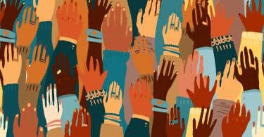 Ilustração das mãos de um povo com uma cor de pele diferente. Igualdade racial, feminismo, arte da tolerância em estilo minimalista.