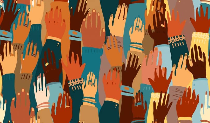 Ilustração das mãos de um povo com uma cor de pele diferente. Igualdade racial, feminismo, arte da tolerância em estilo minimalista.
