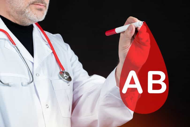 Desenho de uma gota de sangue com AB escrito.