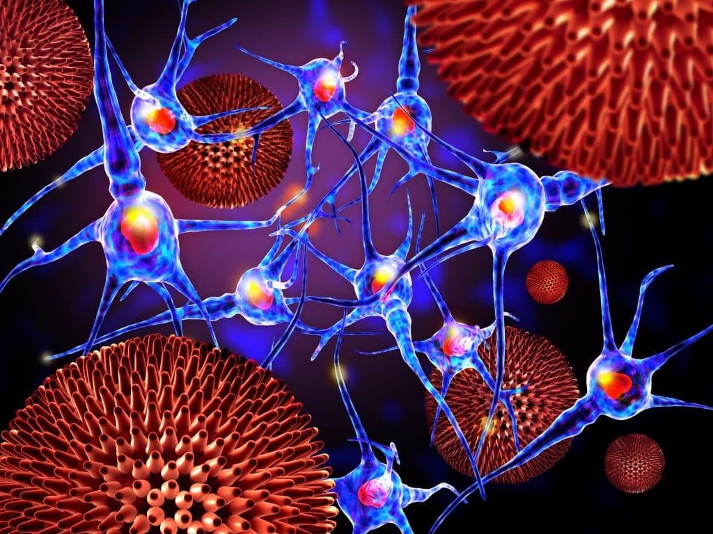 Ilustração 3D de vírus que atacam as células nervosas, conceito de doenças neurológicas