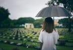 Mulher de costas em um cemitério segurando um guarda-chuva preto.