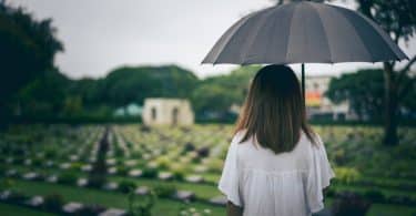 Mulher de costas em um cemitério segurando um guarda-chuva preto.