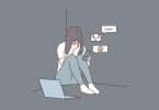 Desenho de uma menina deprimida olhando o celular.