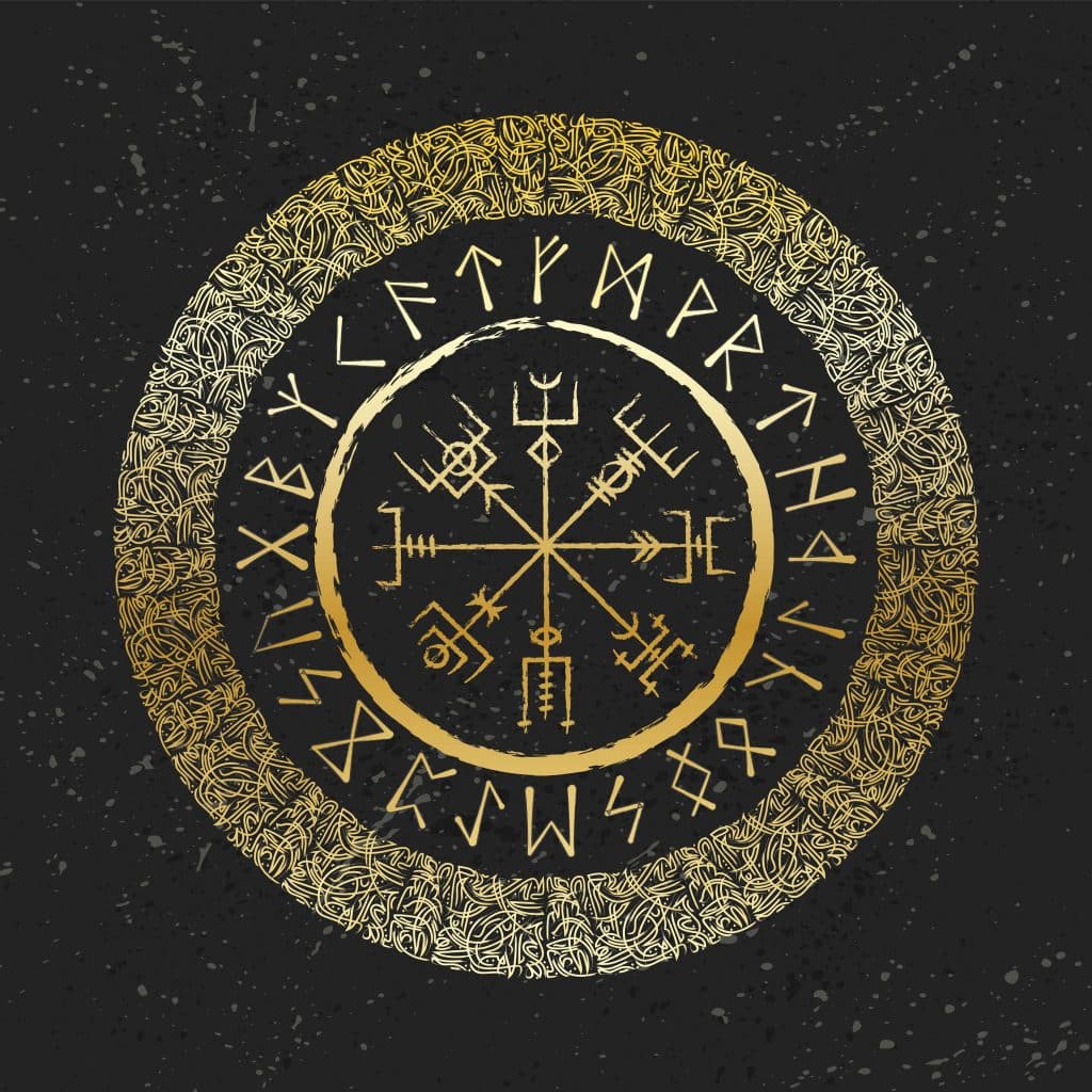 Ilustração de um vegvísir dourado com um plano de fundo preto