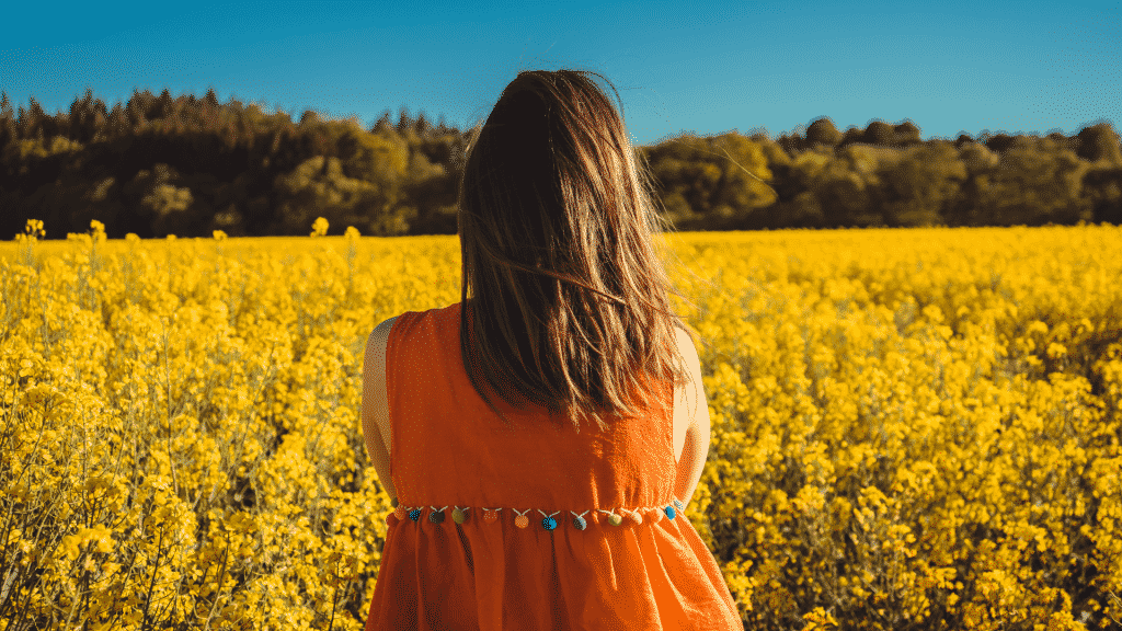 Mulher de costa para a foto, observando um campo florido