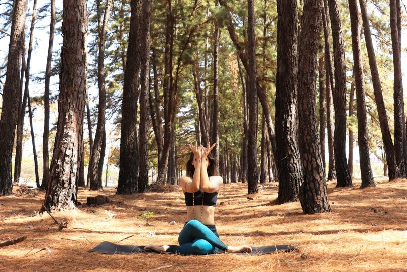 Mulher fazendo Yoga em uma floresta.