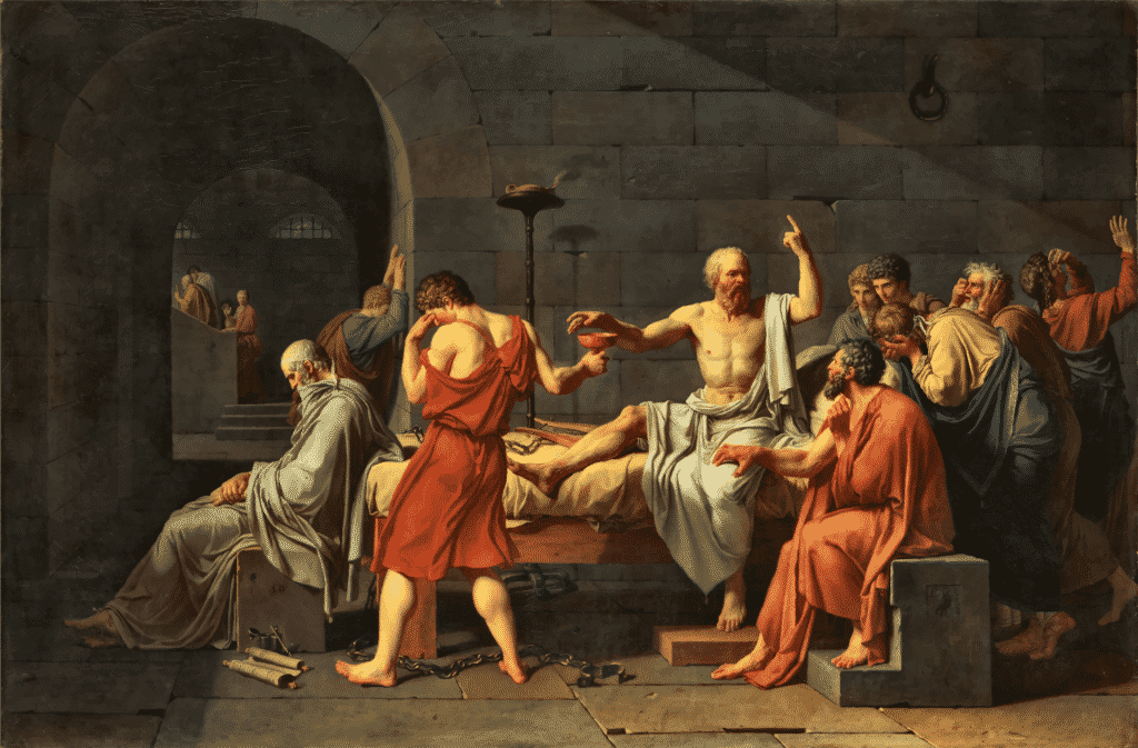 Uma pintura do francês Jacques-Louis David que retrata a morte de Sócrates, ingerindo o veneno que lhe foi dado. No centro, Sócrates, tomando o veneno, e o entornando, seus aprendizes.
