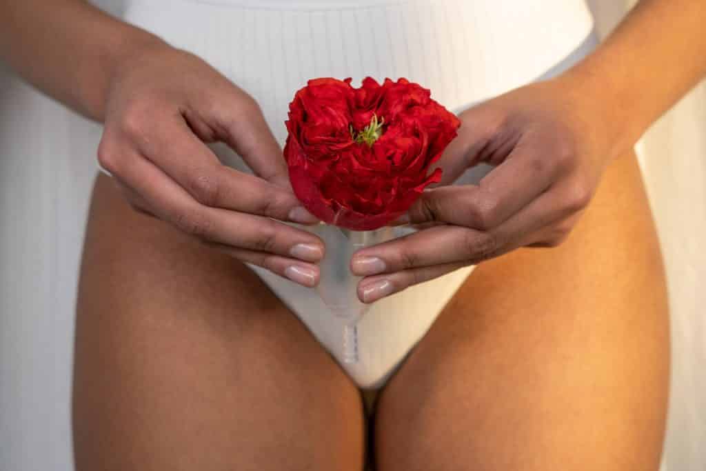 Visa frontal de um quadril feminino. Se sobrepondo a ele, duas mãos femininas segurando uma rosa que está dentro de um pequeno funil.
