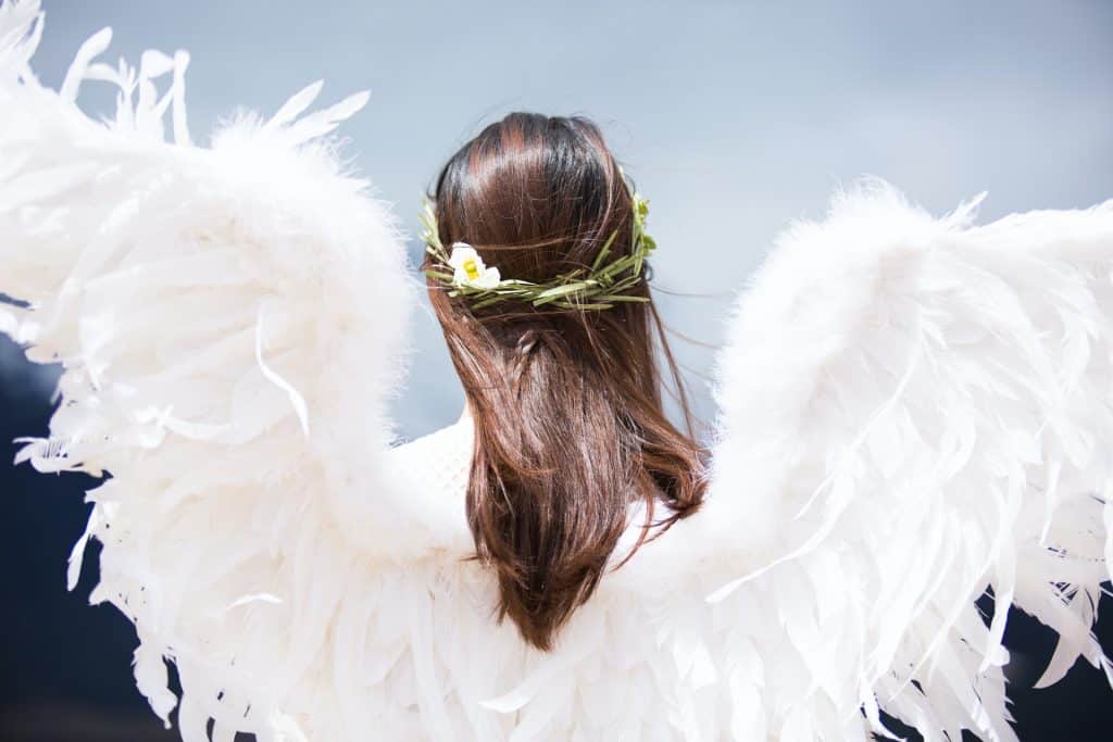 Vista de costas, uma mulher com asas de anjo e cabelos castanhos com um adorno em planta.