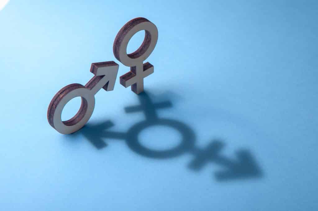 Símbolos do homem e da mulher projetam sombras na forma de um transgênero em fundo azul