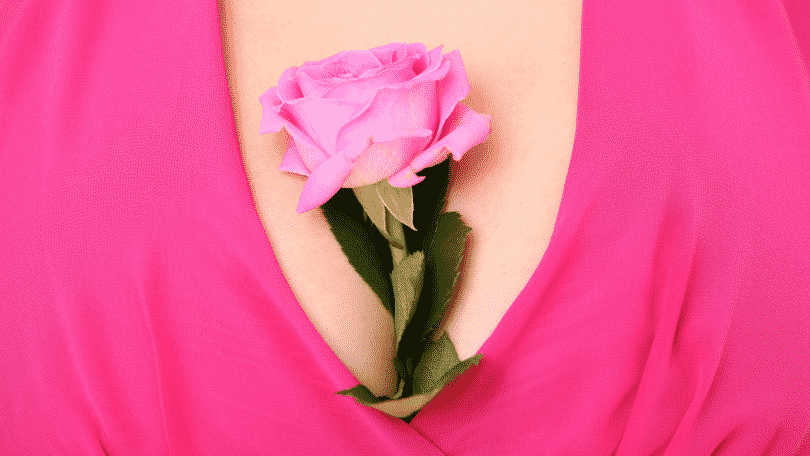 Flor rosa dentro do decote de uma blusa rosa