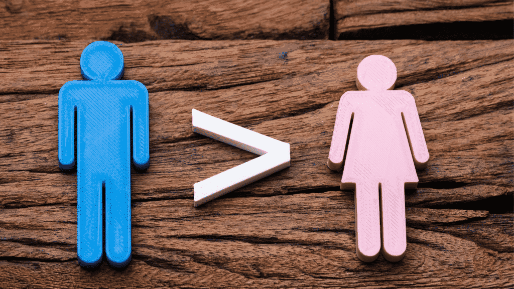 Um boneco azul que representa um homem situado à esquerda de um símbolo (uma seta inclinada para a direita) que indica "superioridade". À direita, uma boneca rosa que representa uma mulher.