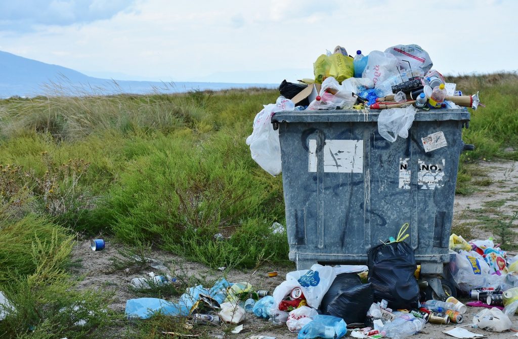 Uma lata de lixo no meio de uma zona verde inóspita. O lixo está transbordando.