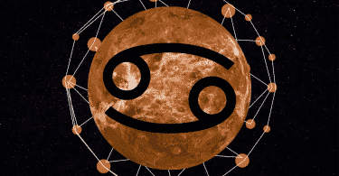 Mercúrio em um céu estrelado com o símbolo de câncer estrelado.