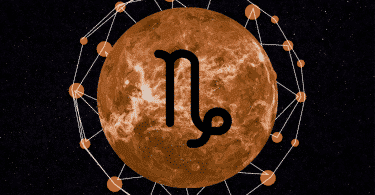 Mercúrio em um céu estrelado com o símbolo do signo de capricórnio desenhado.