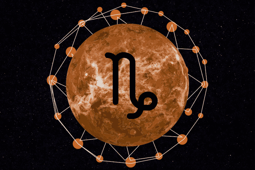 Mercúrio em um céu estrelado com o símbolo do signo de capricórnio desenhado.