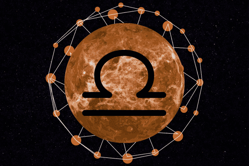 Mercúrio em um céu estrelado com o símbolo de libra desenhado.