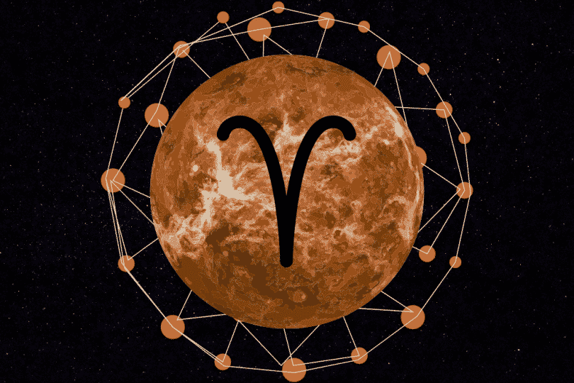 Imagem do planeta mercúrio em um céu estrelado. Ao centro está desenhado o signo de áries.