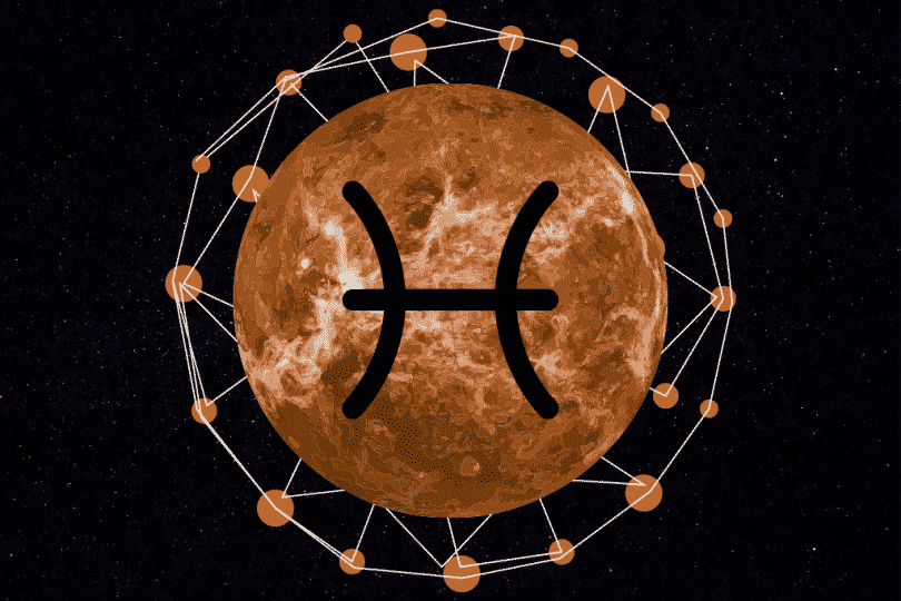 Mercúrio em um céu estrelado com o símbolo do signo de peixes desenhado.