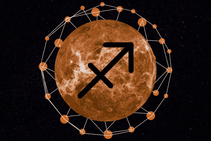 Mercúrio em um céu estrelado com o símbolo de sagitário desenhado.