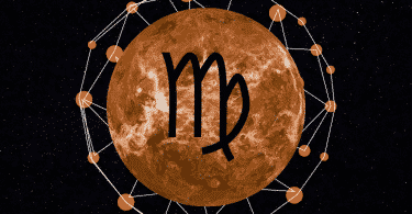 Mercúrio em um céu estrelado com o símbolo de virgem desenhado.
