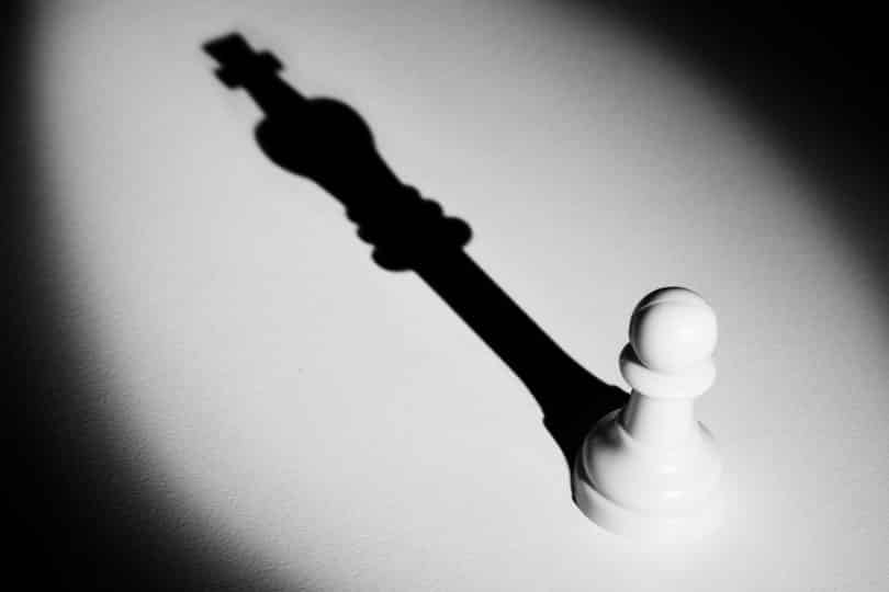 Peça de xadrez refletindo sombra.