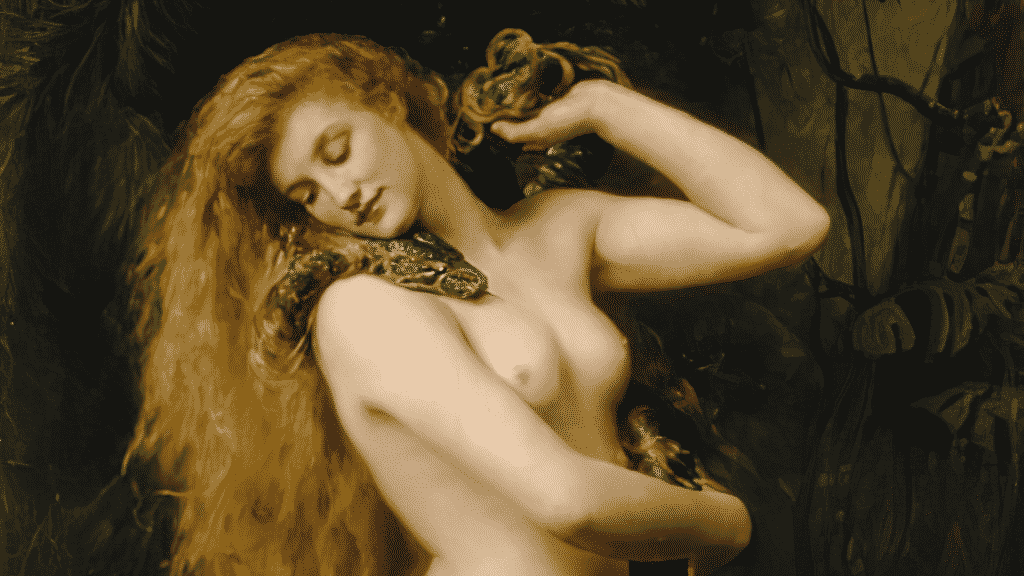 Uma pintura de Lilith feita por John Collier, um artista inglês. Na pintura, vemos Lilith desnuda e com cabelos castanhos claros. Entornando seu pescoço, uma serpente. Lilith debruça sua cabeça sobre a cabeça da serpente.