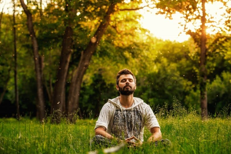 Um homem de olhos fechados com a cabeça erguida ao alto. Ele está num campo verde.