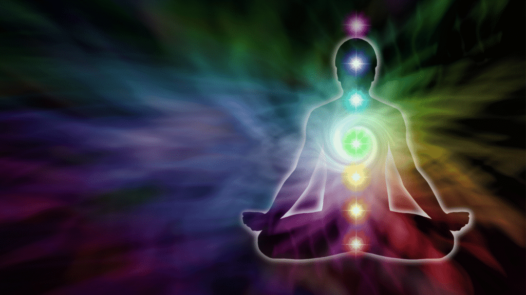 Silhueta de uma pessoa com os sete chakras sinalizados no corpo, com suas respectivas cores