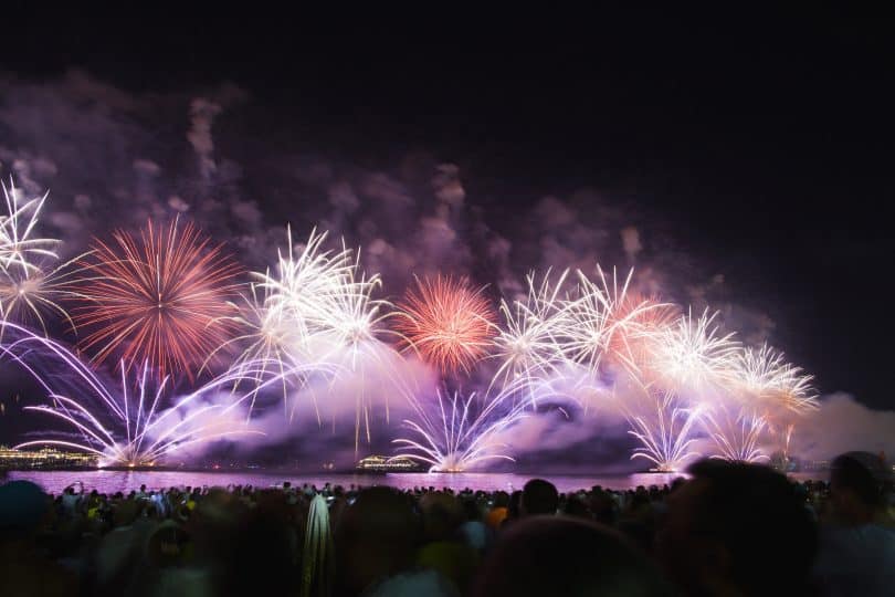 Uma fotografia do réveillon no Rio de Janeiro. Vários fogos de artifício sendo expelidos.