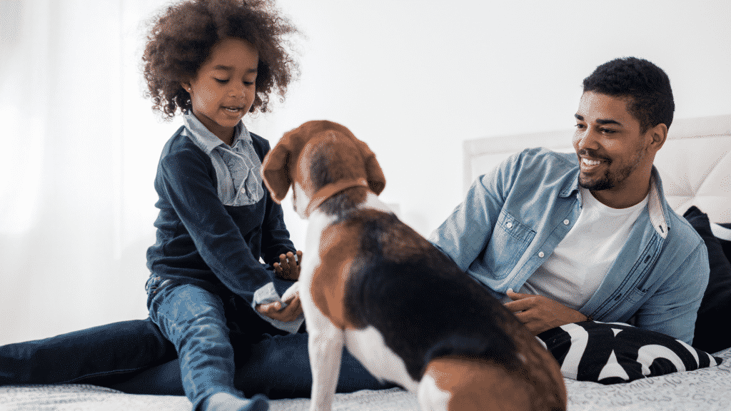 Pai, filho e cachorro deitados em uma cama, brincando