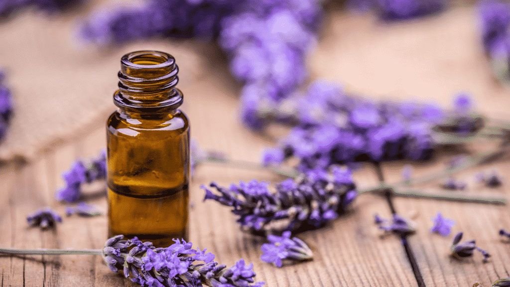 Óleo de lavanda em um frasco de vidro sobre uma mesa. Ao redor, diversas flores da lavanda