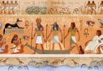 Deuses egípcios e faraós representados numa arte.