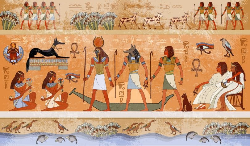 Deuses egípcios e faraós representados numa arte.