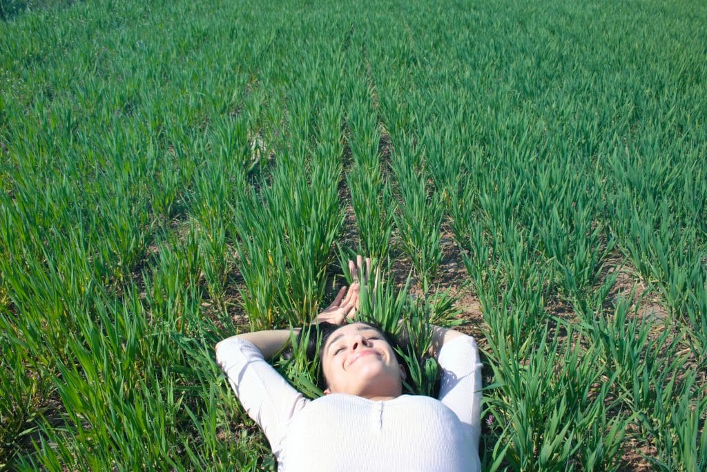 Mulher deitada em um gramado