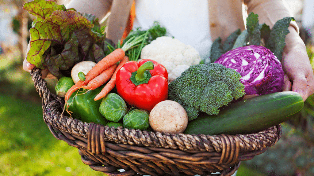 Uma pessoa segurando uma cesta de legumes e verduras.