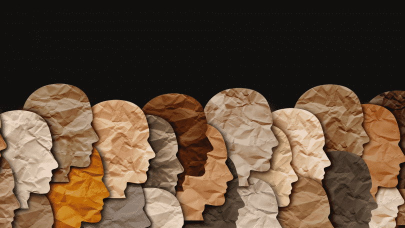 Ilustração de cabeças humanas feitas de papel, uma ao lado da outra