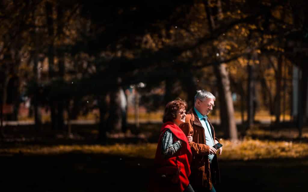 Casal de idosos andando num parque.