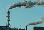 Poluição sendo expelida por chaminés industriais.