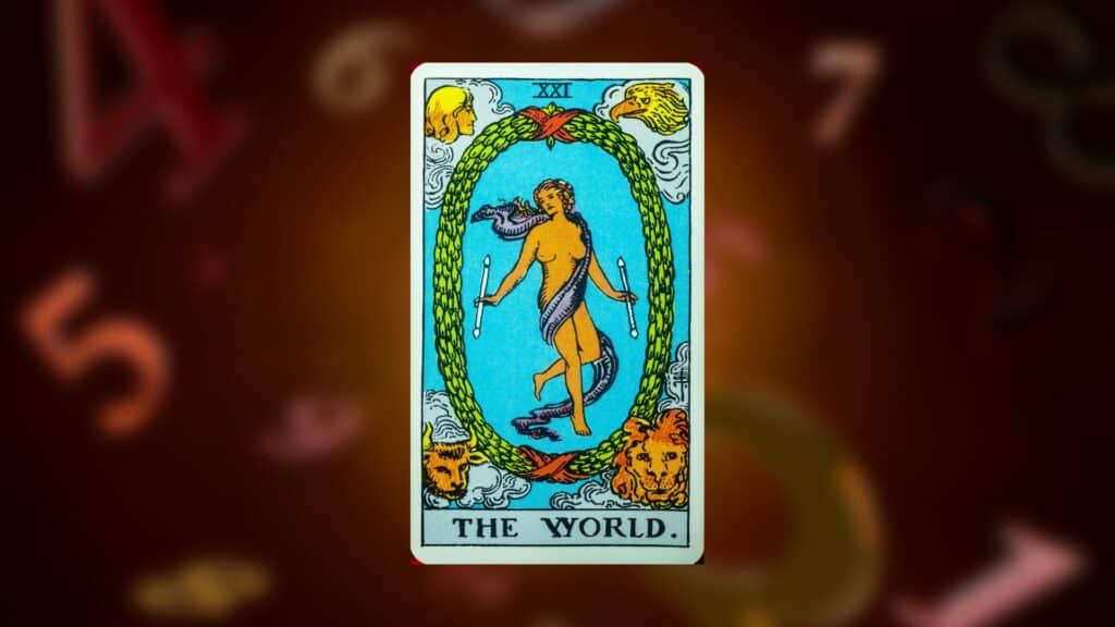 Carta O Mundo no tarot simbolizando o número 21.