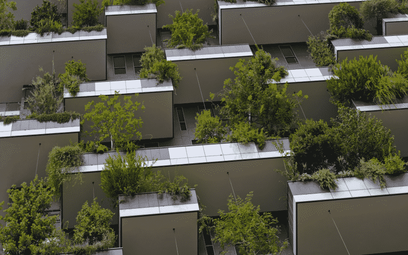 Uma grande quantidade de prédios e construções urbanas rodeadas por árvores.