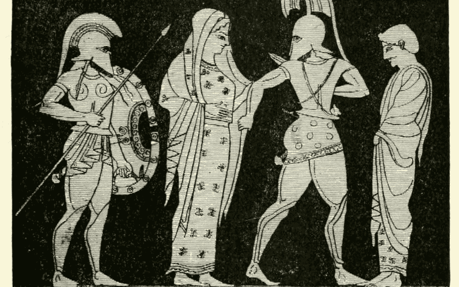 Soldados troianos no entorno e, no centro, Helena de Troia.